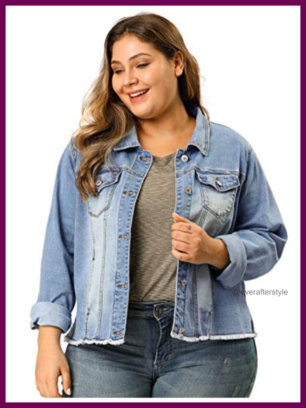 Plus Size Frayed Denim Jacket Women Button Down Long Sleeve Distressed